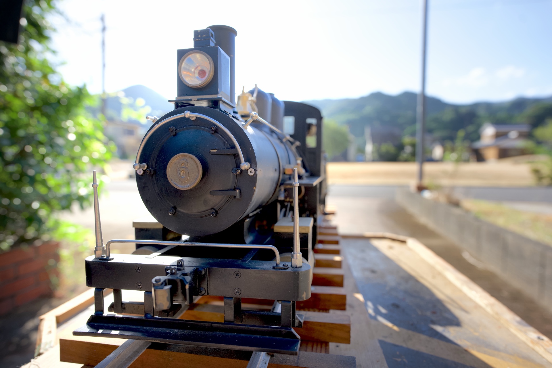 朝の山を背景に正面から撮影した蒸気機関車